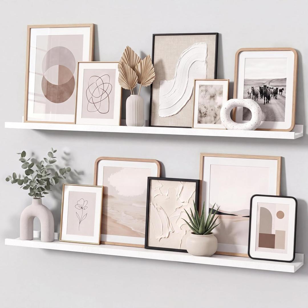 White Picture Ledge Shelves for Wall, 4.5" Deep Wood Floating Shelves with Lip for Bedroom, Living Room, 40" Width, Color White Set of 2