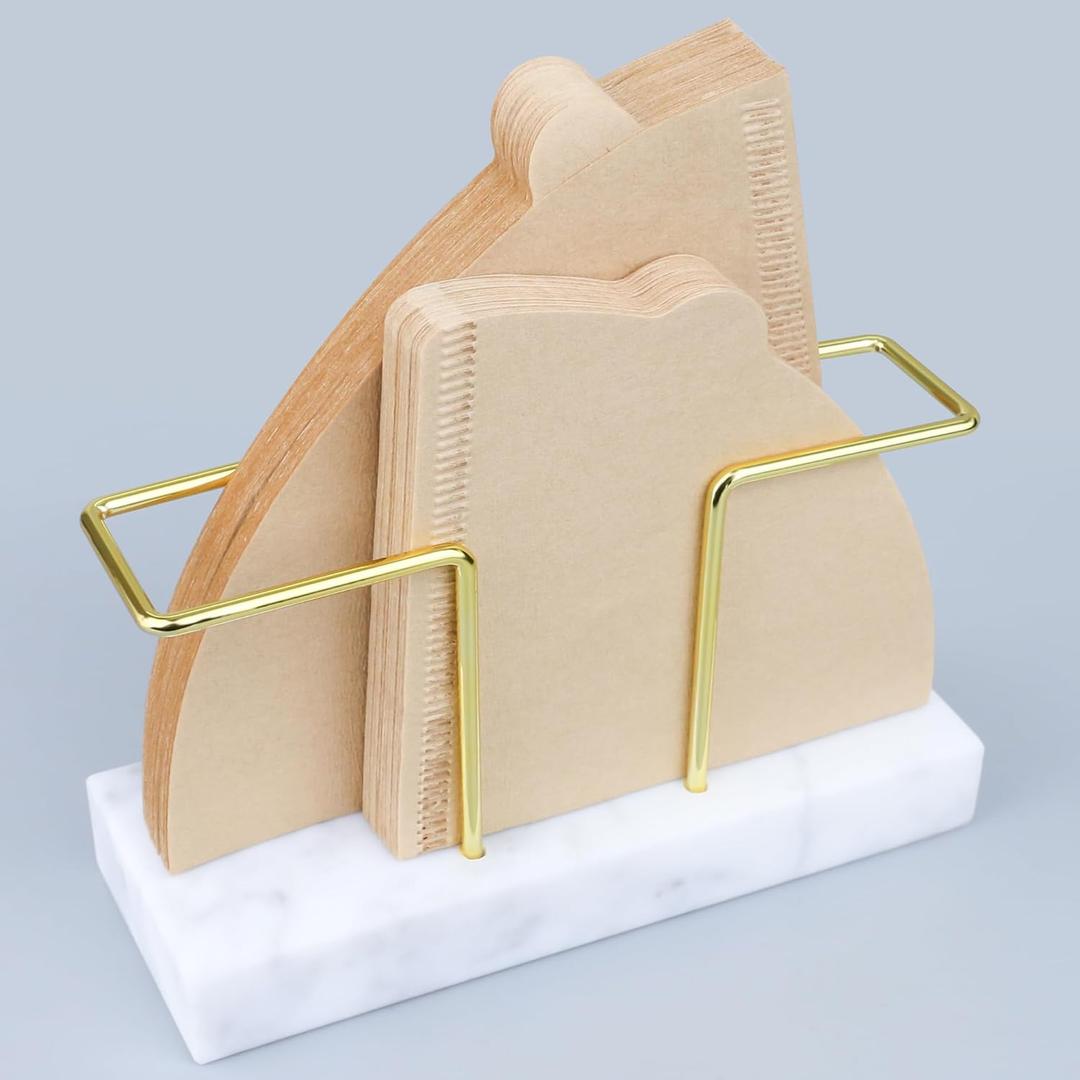 Coffee Filter Holder Storage, Marble & Brass Rack Coffee Filter Container for Coffee Bar/Home/Office, Compatible with #1/#2/#4 Coffee Filter (Marble (L))