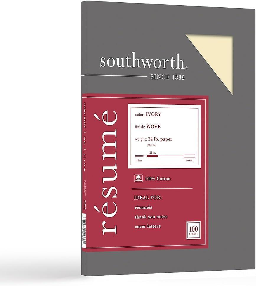 Southworth 100% Cotton Rsum Paper, 8 1/2" x 11", 24 Lb, 100% Recycled, Ivory, Pack Of 100