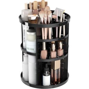 Rotating Makeup Organizer for Vanity, 360 Spinning Skincare Organizers with Adjustable Trays, Make Up Desk Storage Carousel Rack, Cosmetic Display Cases for Dresser Bathroom Countertop (Black)