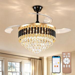 42'' Crystal Ceiling Fan Fandelier with Lights-Low Profile Flush Mount Ceiling Light with Fan, Reversible and Remote Control Black Ceiling Fan Light for Bedroom, Living Room, Large