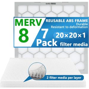 20x20x1 MERV 8 Air Filter,AC Furnace Air Filter,Reusable ABS Plastic Frame, 7 Pack Replaceable Filter Media (Actual Size: 19.61" x 19.61" x 0.78")