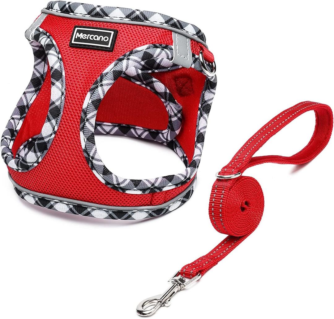 Mercano Soft Mesh Dog Harness and Leash Set, No-Chock Step-in Reflective Breathable Lightweight Easy Walk Vest Harnesses with Safety Buckle for Small Dogs, Cats (Red, M) (M (Chest: 15"-17"))