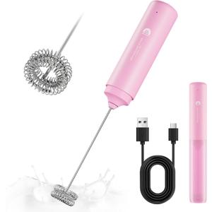 Rechargeable Milk Frother Handheld, 2-IN-1 Dual Spring Whisk Electric Frother Wand for Cappuccino Latte Macchiato, Portable Drink Mixer for Coffee, Matcha, Hot Chocolate