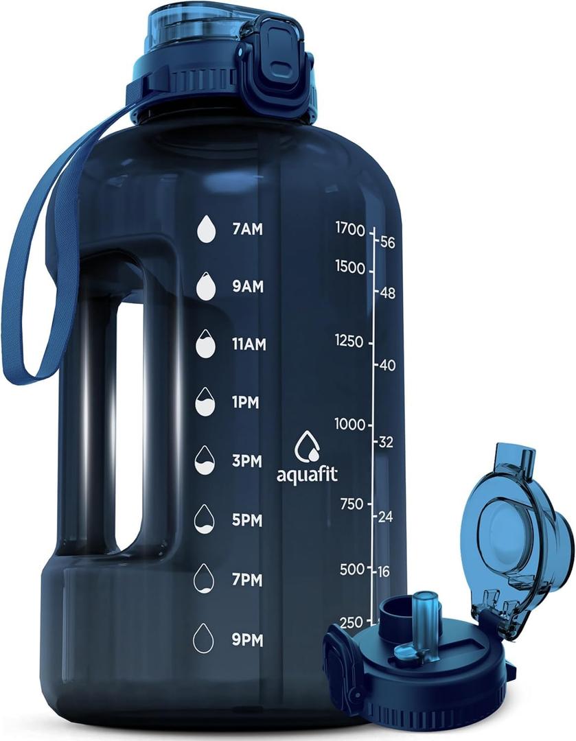 AQUAFIT Half Gallon Water Bottle with Time Marker - Straw & Chug Lid - BPA Free Gym Water Bottle with Straw - Big Gallon Jug (Nebula, 64 oz - 2in1 Lid)