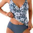 ZAFUL Women's Spaghetti Strap Tankini Swimsuits V Neck Tummy Control Tie Side Thong Bikini Swimsuits 2 Piece Bathing Suits (Large, 7-blue)