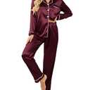 Ekouaer Women's Classic Button Down Long Satin Silk Pajama Set，Small，Burgundy, S