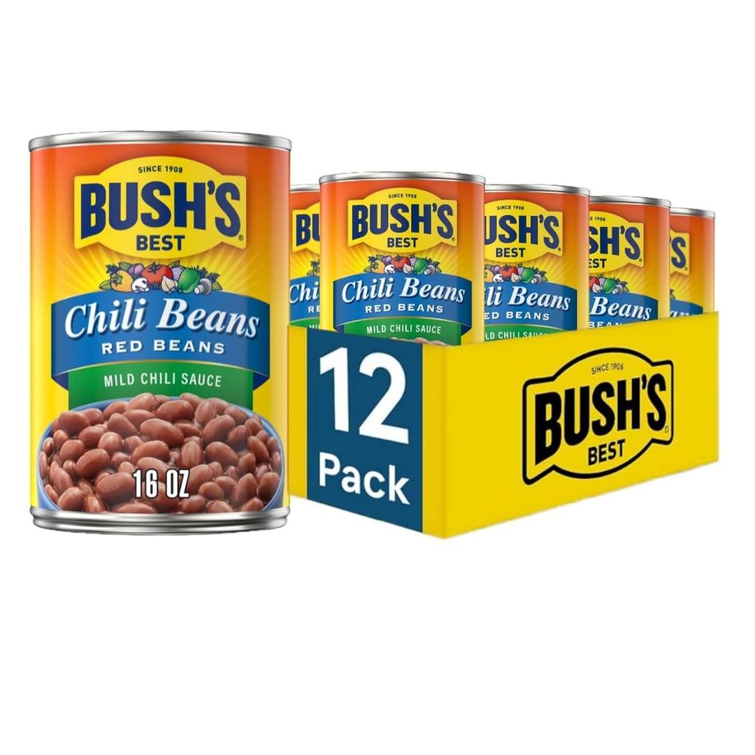 BUSH'S BEST 16 oz Canned Mild Red Chili Beans, Source of Plant Based Protein and Fiber, Low Fat, Gluten Free, (Pack of 12) (EXP 11/11/27)