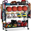 EXTCCT Garage Sports Equipment Organizer - Rolling Ball Storage Bin with Wheels, Garage Sports Gear Rack Outdoor Basketball Racks for Balls with Baseball Bat Holder and Hooks, Toy Organizer