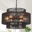 23.6" Large Black Rattan Chandelier Light Fixture 6-Light Hand-Woven Rustic Chandeliers 3-Tier Boho Drum Wicker Chandelier for Dining Room, Kitchen Island, Bedroom, Foyer