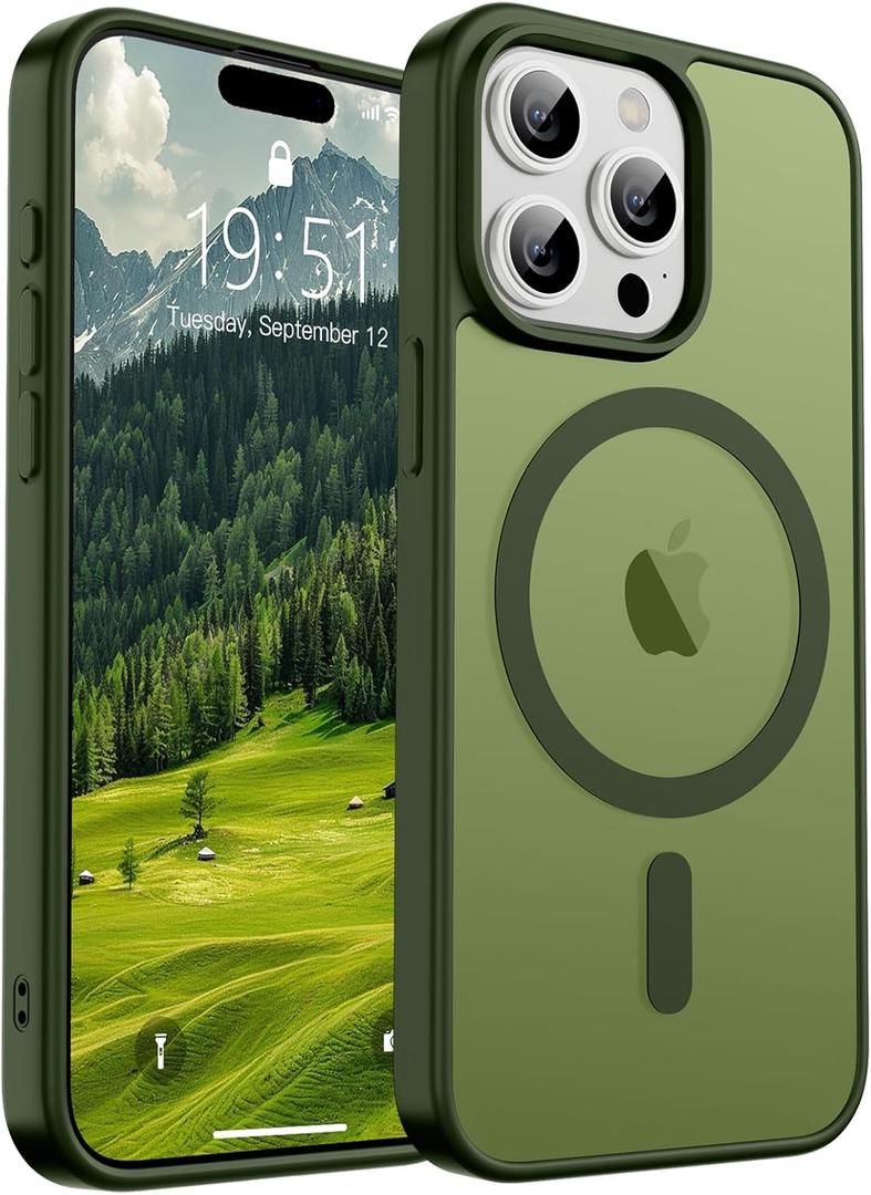 SUPFINE Magnetic for iPhone 15 Pro Max Case (Compatible with MagSafe) (Military Grade Drop Protection) Slim Translucent Matte Shockproof with Anti-Fingerprint Phone Case,Cangling Green