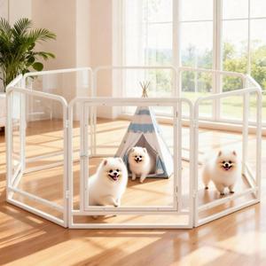 Clear Acrylic & Metal Dog Playpen Indoor - Modern Puppy Playpen with All-Metal Frame, No Plastic Parts, Foldable Portable Dog Crate for Small Animals (23.6" Tall 8PCs)