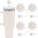 4 x Flower Straw Covers Toppers for Stanley Cups 30&40 Oz Tumbler with Handle Accessories 4PCS Silicone Straw Caps Reusable Straws Protectors for Stanley Cup 10mm 0.4in Straws (Off-White)