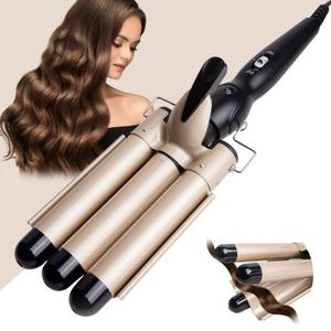 3 Barrel Curling Iron Wand - Dual Voltage Temperature Adjustable 25mm Hair Crimper,1 Inch Ceramic Tourmaline Triple Barrels,Hair Waving Styling Tools, Gold