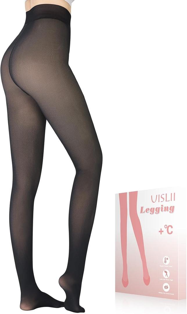 UISLII Fleece Lined Tights Women, Warm Pantyhose leggings Women, Fake Translucent Thermal Skin Colored Tights for Winter(Black Foot Medium -Medium Height)