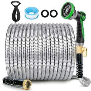 Stainless Steel Garden Hose 50 ft - 304 Stainless Steel Kink-Free Metal Water Hose with Shut-Off Valve & Hose Straps, Heavy Duty, Rust/Puncture Proof for Yard, Lawn and Car Washing, 50 Feet