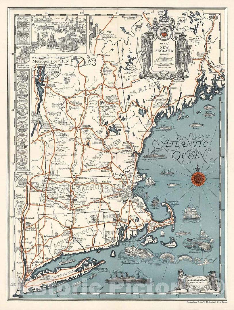 Historic Pictoric Historical 1928 Griswold Tyng Pictorial Map of New England -18 x 24 Fine Art Print - Antique Vintage Map