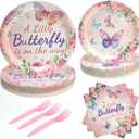 PCLMLES 96Pcs Butterfly Birthday Decorations,Pink and Purple Floar Paper Plates and Napkins, Forks Girls Birthday Baby Bridal Shower Party Supplies Butterfly Party Decorations, Serve 24