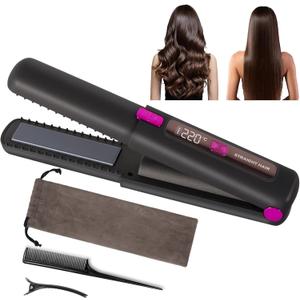 LAMA Portable 2 in 1 Travel Straightener and Curler, Cordless Hair Straightener 4500mAh, Rechargeable LCD Flat Iron, Mini Ceramic Curling Iron,USB Rechargeable Hot Tools, Black+Rose Red