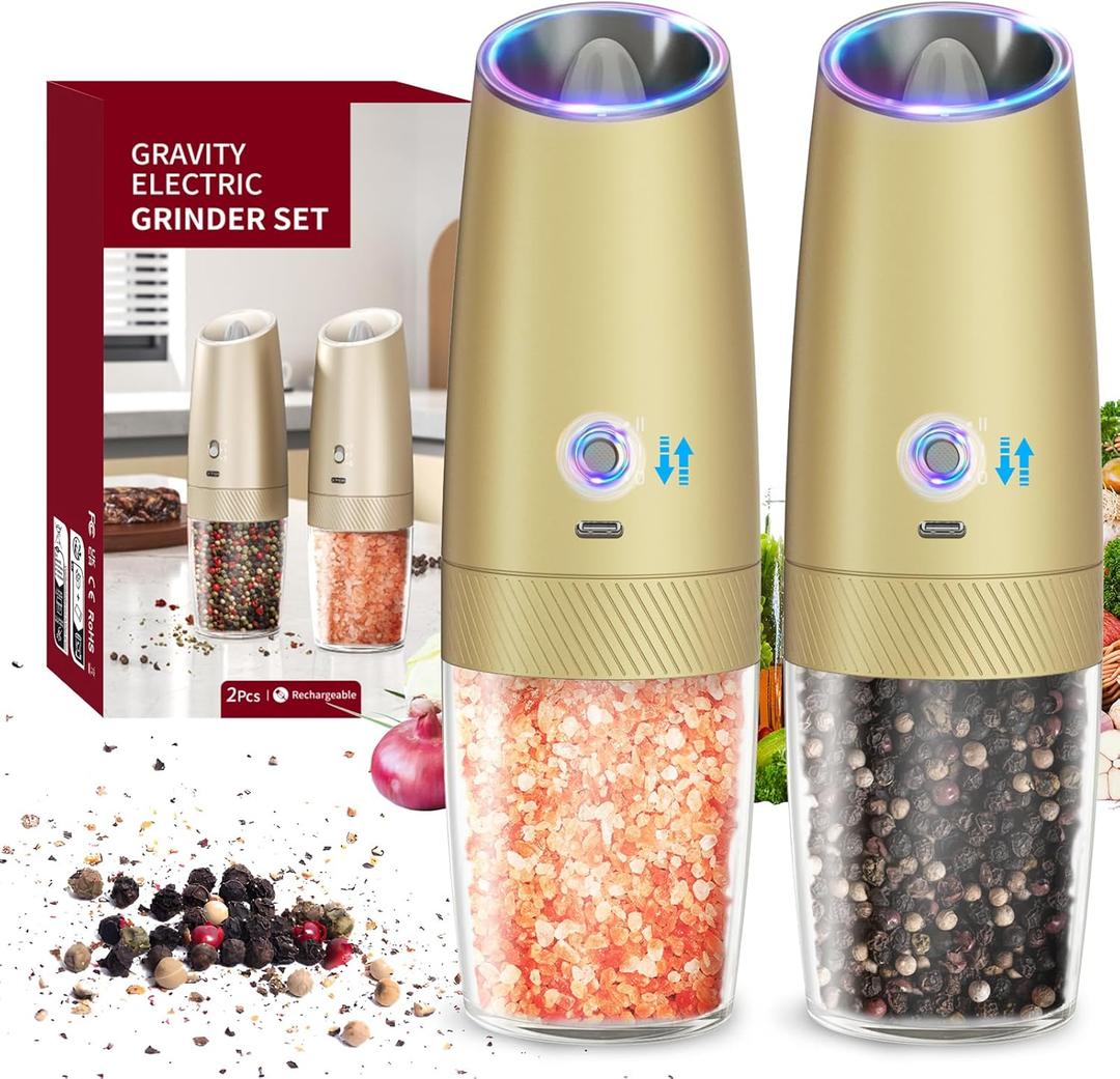 CIRCLE JOY Gravity Electric Salt and Pepper Grinder Set with 2-Speed, Rechargeable Salt and Pepper Grinder Set, Adjustable Coarseness, Whiet LED Light (Rechargeable/Gold Set/2-Speed)