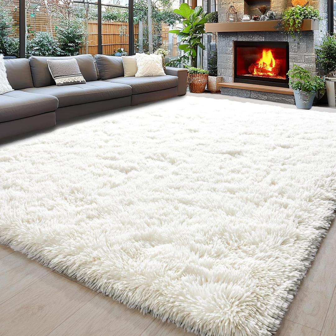 Area Rugs 10x14 for Living Room, Ultra Soft Fluffy Rugs for Bedroom, Non-Slip Furry Large Rug for Teen Girls and Boys,Nursery Kids Room Dorm Home Decor, High Pile Plush Floor Carpet, Cream White