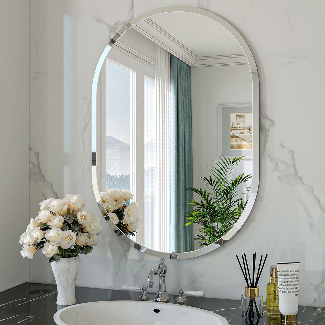Frameless Oval Mirror, 18"x26" Beveled Oval Vanity Mirrors for Bathroom, Wall Mounted Mirror for Bedroom, Entryway, Living Room, Hangs Horizontally or Vertically