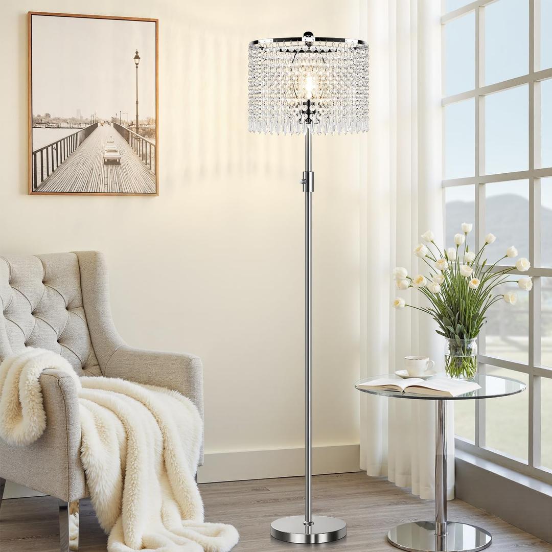 Dimmable Crystal Floor Lamps for Living Room, 1000LM LED Bulb Included, Standing Lamp with Knob Switch, Tall Silver Modern Floor Lamp for Bedroom Nursery Office Reading