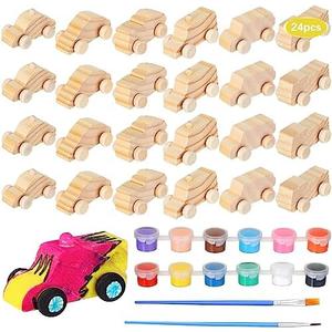 Lenwen 24 Pcs Unfinished Wooden Cars Wood DIY Car Toys with 12 Color Acrylic Paint for Student Easy Woodworking Set, Family Activities, Arts and Crafts Kit for Boys, Valentine‘S Day(Cute)