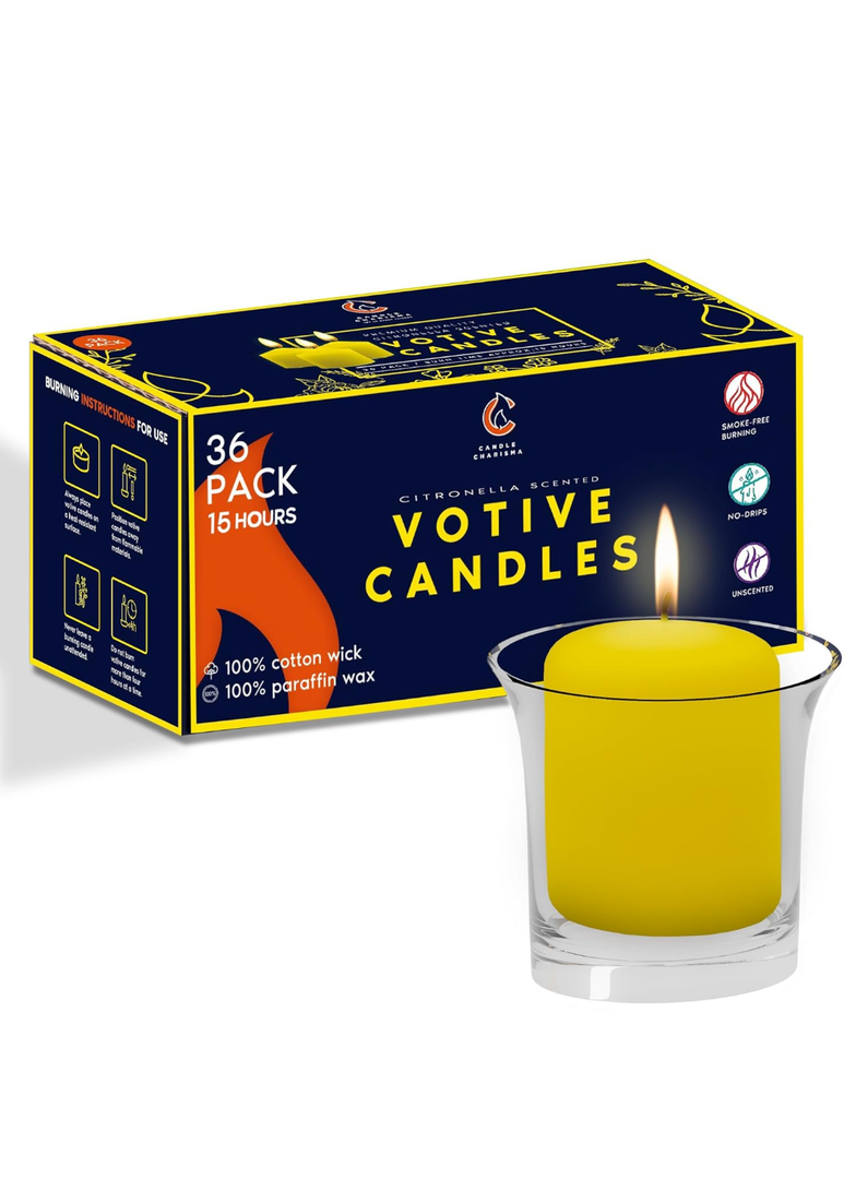 Candle Charisma Citronella Scented Votive Candles - 15 Hour Burn time - Set of 36 for Dinner, Wedding, Halloween and Holiday Decorations