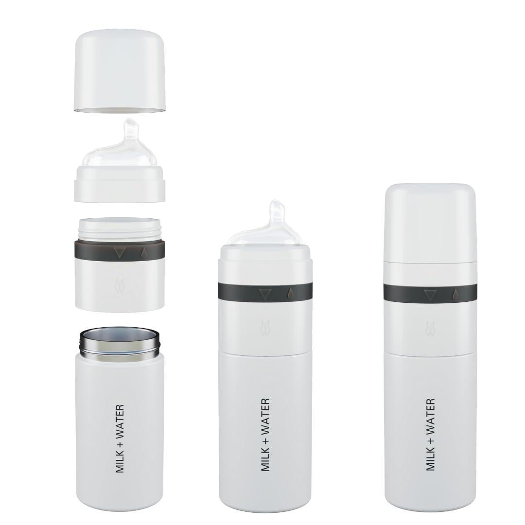 MILK & WATER All in One Baby Bottle & Baby Formula Dispenser On the Go, 9oz - Keeps Water Warm & Formula Fresh - Baby Formula Mixing Bottle with Anti Colic Nipple - Leak-Proof - 3+ Months (White)