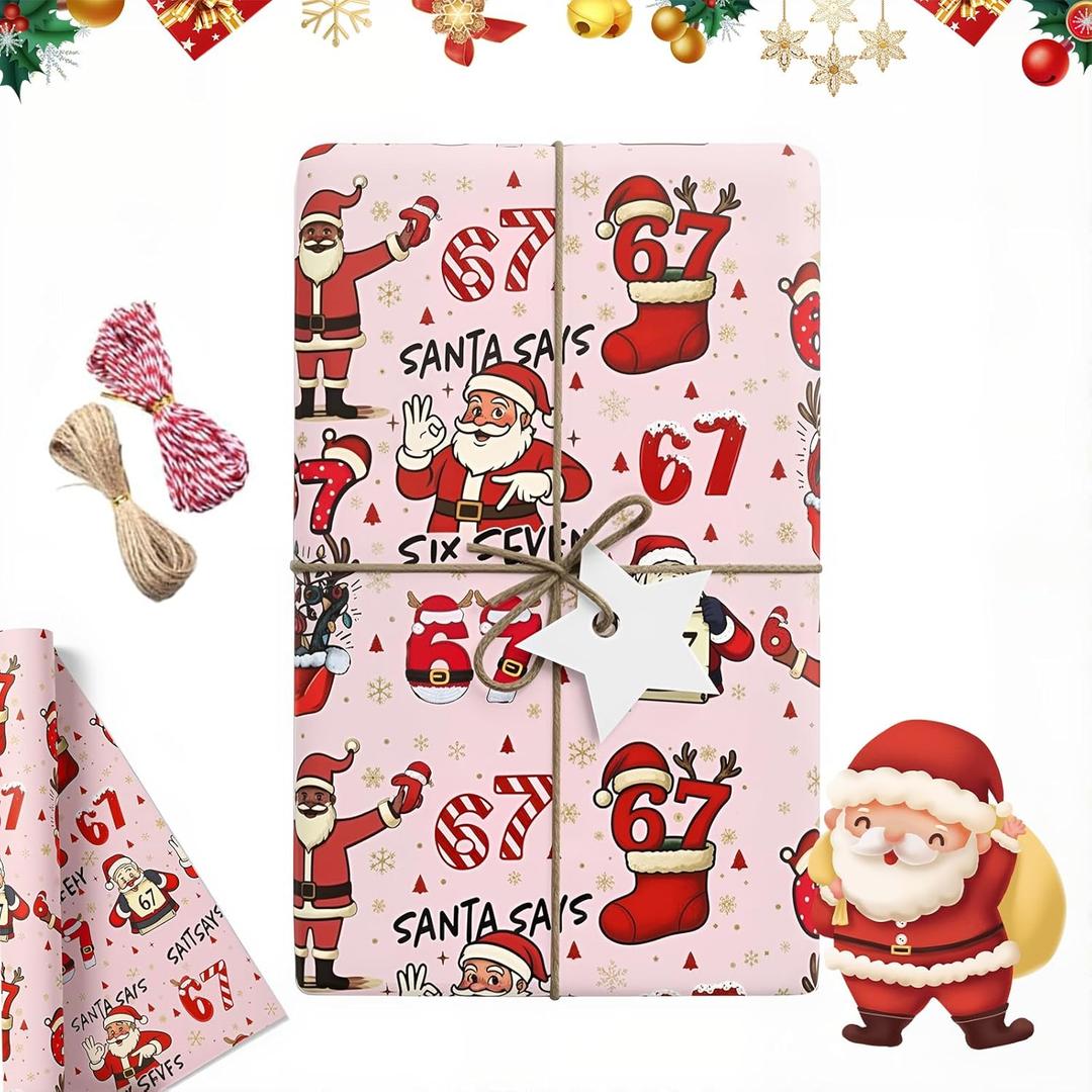 2 x 67 Christmas Wrapping Paper, Funny 6 7 Meme Gift Wrap for Xmas and Holiday Presents, Santa Meme Wrapping Paper for Kids Teens Family (Pink)