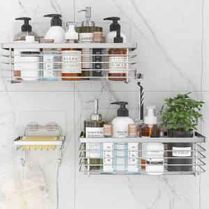 ODesign Shower Caddy 3 Pack-Shower Bathroom Shelves Rack,Rustproof Wall Mounted SUS304 Stainless Steel-No Drilling,Adhesive Shower Shelf Basket Organizer-Silver
