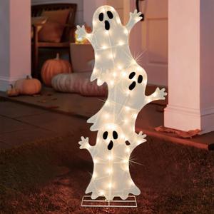 Halloween Lighted 3 Stacked Ghosts, 42 H Pre-Lit Lighted Ghosts with 50 Warm White Lights, Light Up Halloween Ghost Decoration for Indoor, Outdoor, Porch, Yard, Holiday Decor