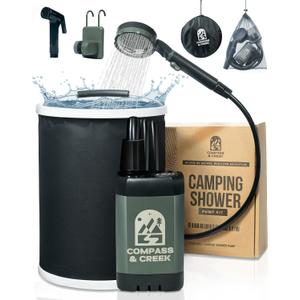 Portable Camping Shower Pump Rechargeable High Pressure Kit with 90 Min Battery, 3.9 Gal Collapsible Bucket, Dual Heads for Shower & Cleaning, Shower Head Holder & Carry Bag Essential Camping Kit