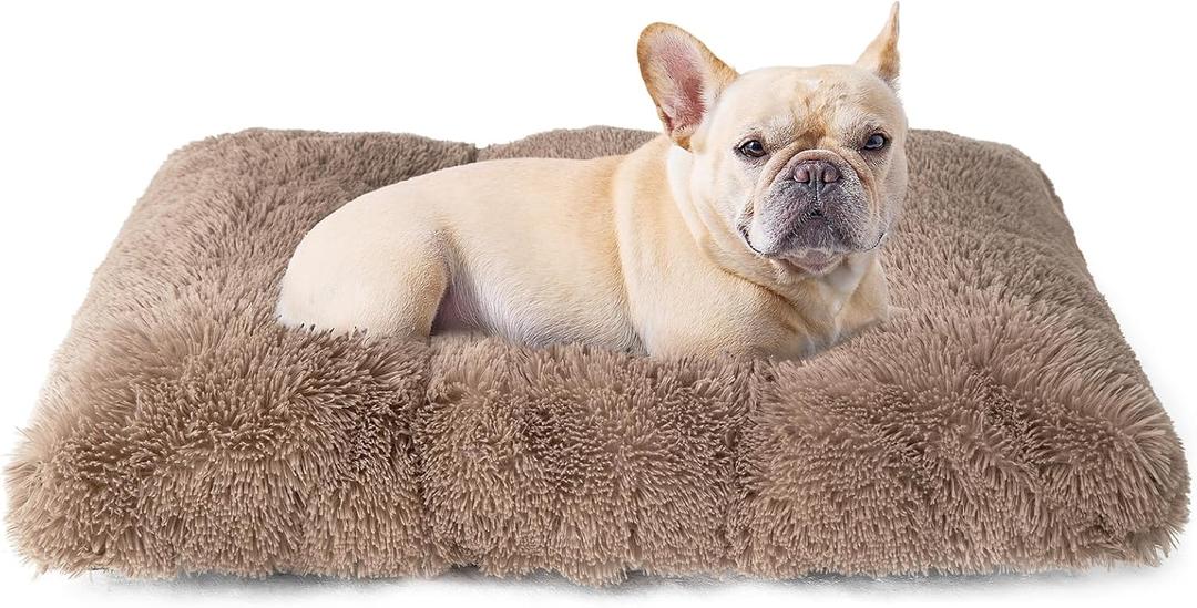 EHEYCIGA Fluffy Dog Crate Bed for Medium Dogs, Plush Faux Fur Crate Pad, Calming Anti Anxiety Medium Dog Bed for Crate, Washable Soft Warm Mat with Non-Slip Bottom, Camel (29.5 x 20)