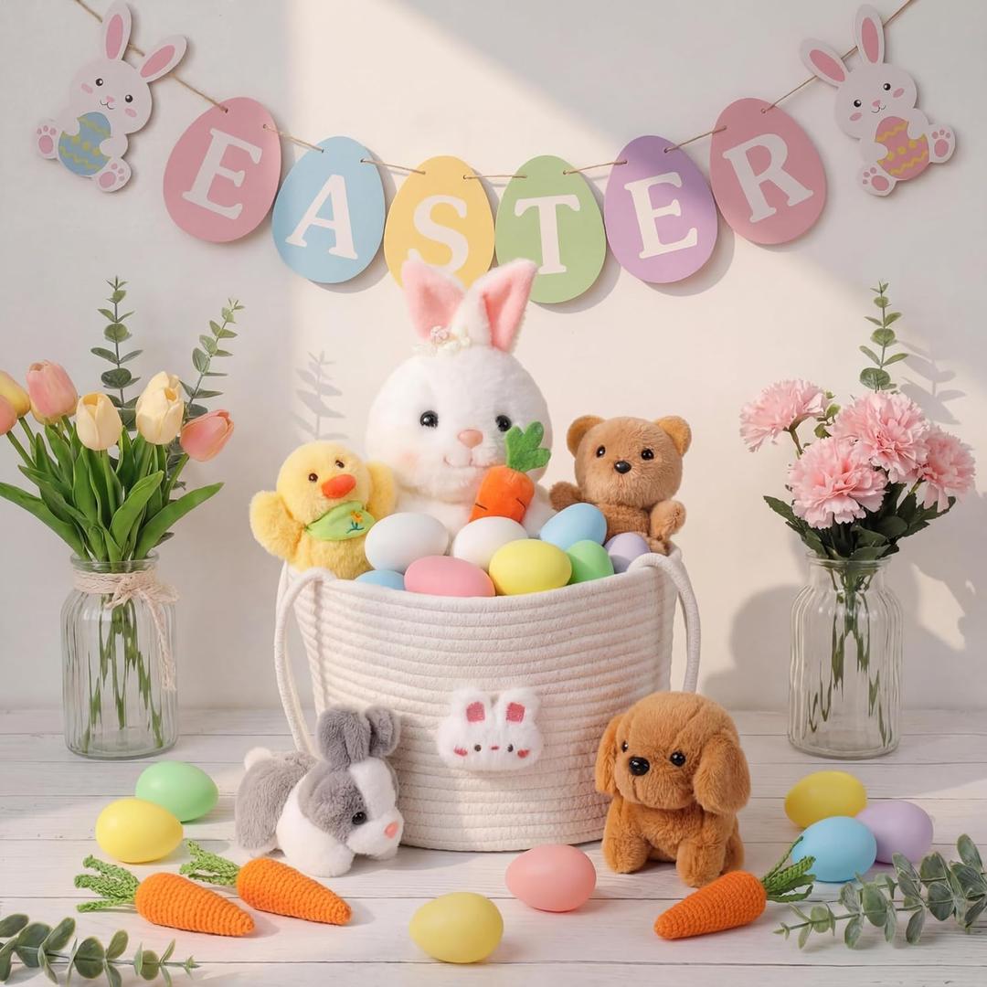 WinnerWhy 18 Pcs Easter Bunny Gift Basket Toys Easter Basket Plush Stuffers Bunny Rabbit Eggs Plush Animal Toy for Party Favor Picnic Decoration