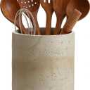 Natural Travertine Textures Kitchen Utensil Holder, 7.5" Large Heavy Resin Utensil Crock, Cooking Utensil Crocks for Kitchen Counter - Silicone Pad Anti Scratch, Non-Slip, Beige (Made of Resin)