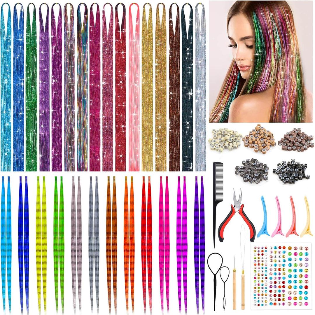 Hair Tinsel Kit, 16 Colors, 3200 Strands Tinsel & 12 Colors Hair Feathers - Heat Resistant Shiny, Perfect for Cosplay or Party
