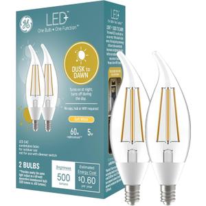 GE LED+ Dusk to Dawn LED Light Bulbs, Automatic On/Off Outdoor Security Lights, Soft White, E12 Candelabra Base (2 Pack)