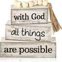 4 Pcs Farmhouse Wooden Tabletop Decor Farmhouse Tiered Tray Decor Rustic Retro Wood Bead Garland with God All Things are Possible Block Sign Neutral Centerpiece Sign for Home Shelf Mantle