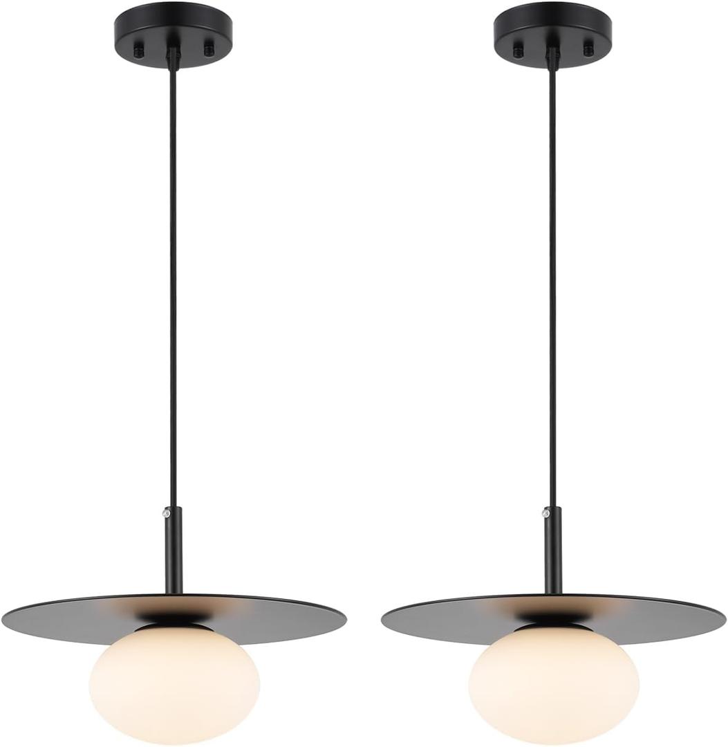 Modern Globe Pendant Lighting Set of 2 Milky White Glass Shade Matte Black Farmhouse Pendant Light 11.81" Dome Industrial Hanging Ceiling Light Fixture Kitchen Island Dinning Room Bedroom