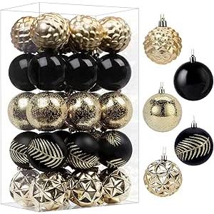SHareconn 30ct 2.36 Inch Christmas Tree Balls Ornaments, Colored Shatterproof Plastic Decorative Baubles Decorations for Xmas Tree Decor Holiday Party Wedding Decoration (Black & Gold, 60mm)