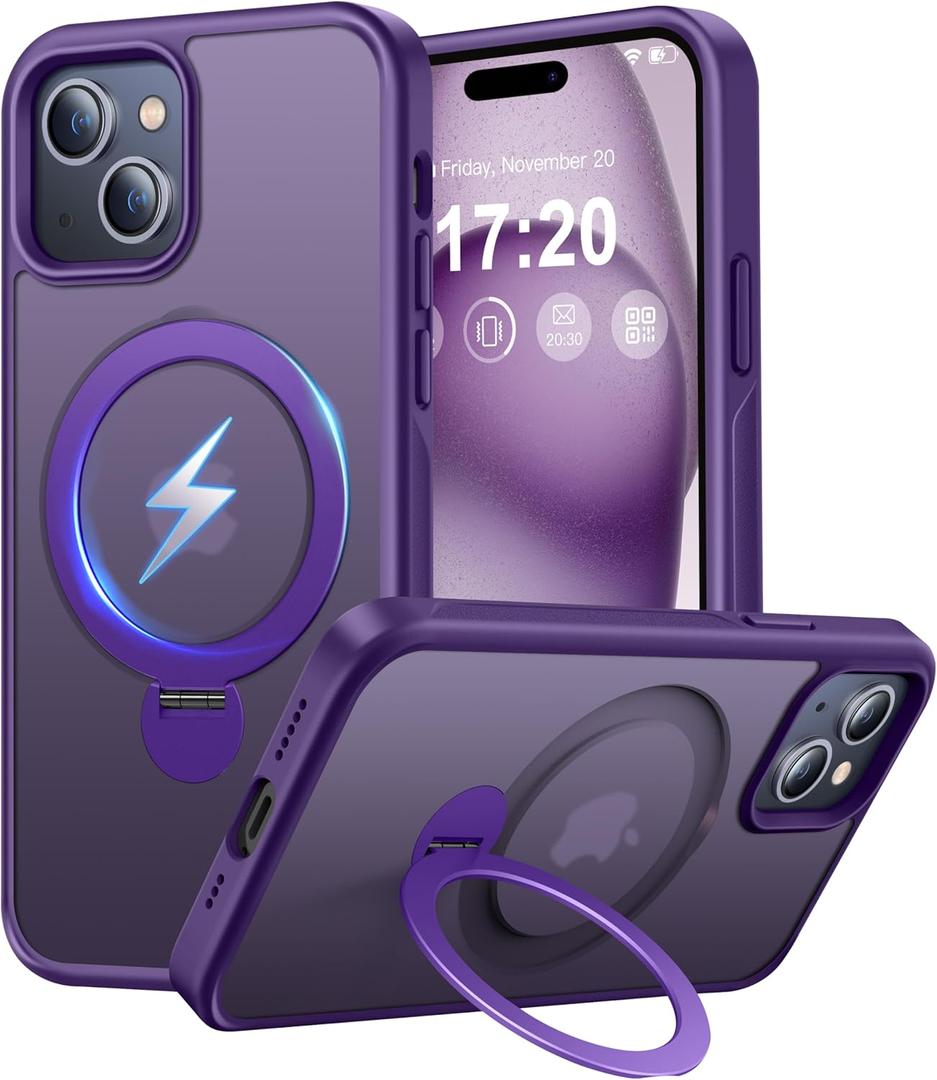 360° Rotatable Magnetic Stand for iPhone 15 Case Compatible with Mag-Safe 16FT Military Drop Protection, Anti-Scratch/Fingerprint Shockproof iPhone 15 Phone Case(Matte-Purple)