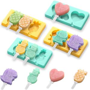 Kids Cartoon Popsicle Molds - 4 Pack, 10-Cavity Food-Grade Silicone Ice Pop Cream Molds, with Reusable Sticks, Non-Stick Flat Design, Easy Release, Stackable for Space Saving (Dinosaur + Love + Snowman + Pineapple)