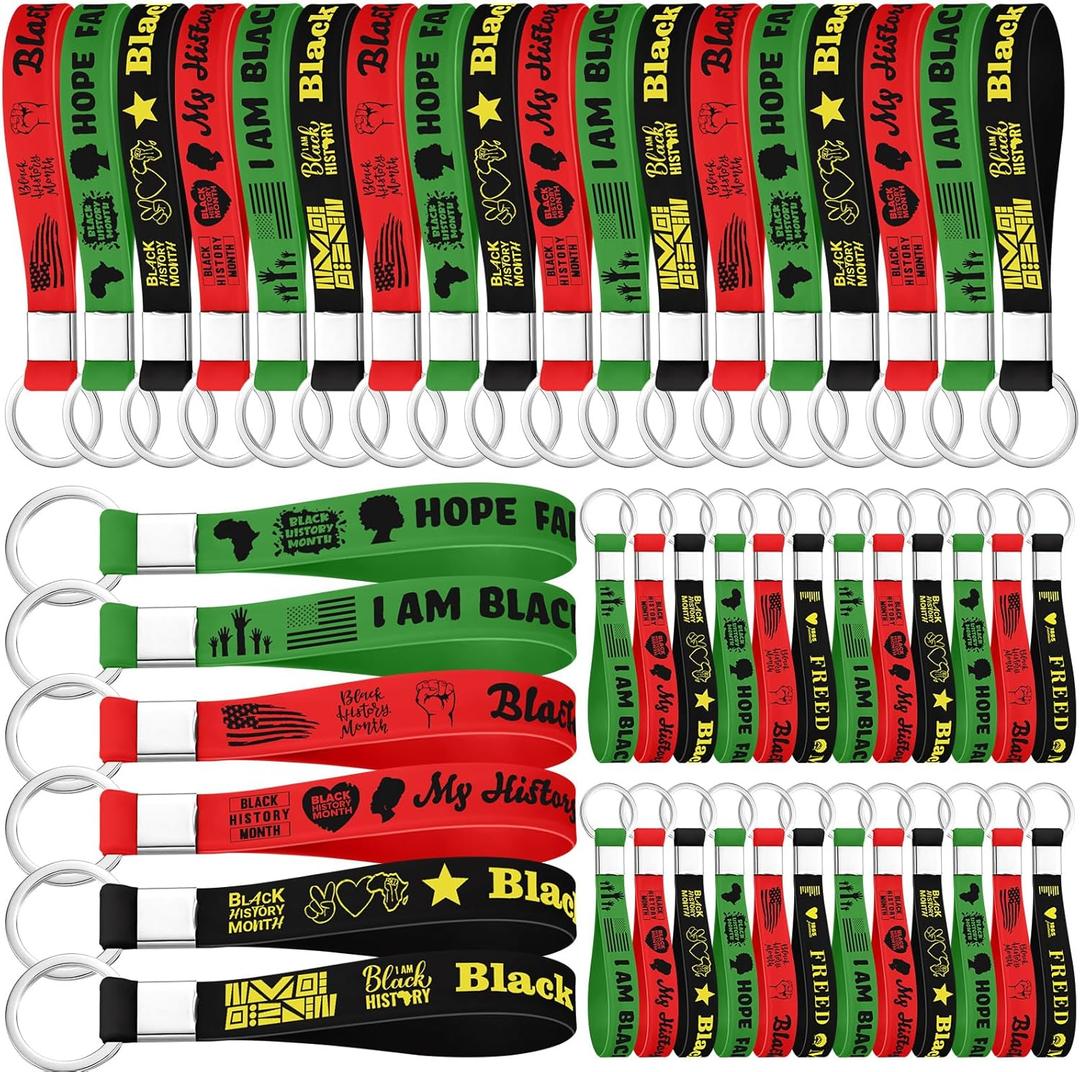 96 Pcs Black History Month Party Gifts Bulk Black History Month Favors Stuffers Silicone Keychains Keyrings Freedom Day Decorations American African Celebration Party Supplies