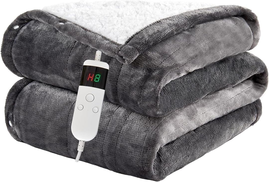 Electric Blanket Heated Throw, Soft Flannel 50"x60" Heating Blanket with 8 Hours Auto Off 10 Fast Heating Levels Machine Washable Sherpa Heated Blanket with Overheating Protection (Light Gray)