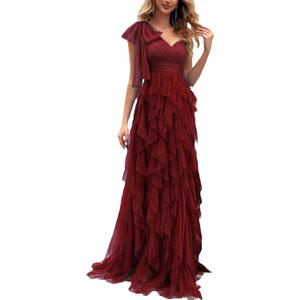 Summer Women Tulle Prom Dress Elegant Bow One Shoulder Slit Evening Party Gown Wedding Guest Bridesmaid Maxi Dress (Medium, #1 Wine Red)