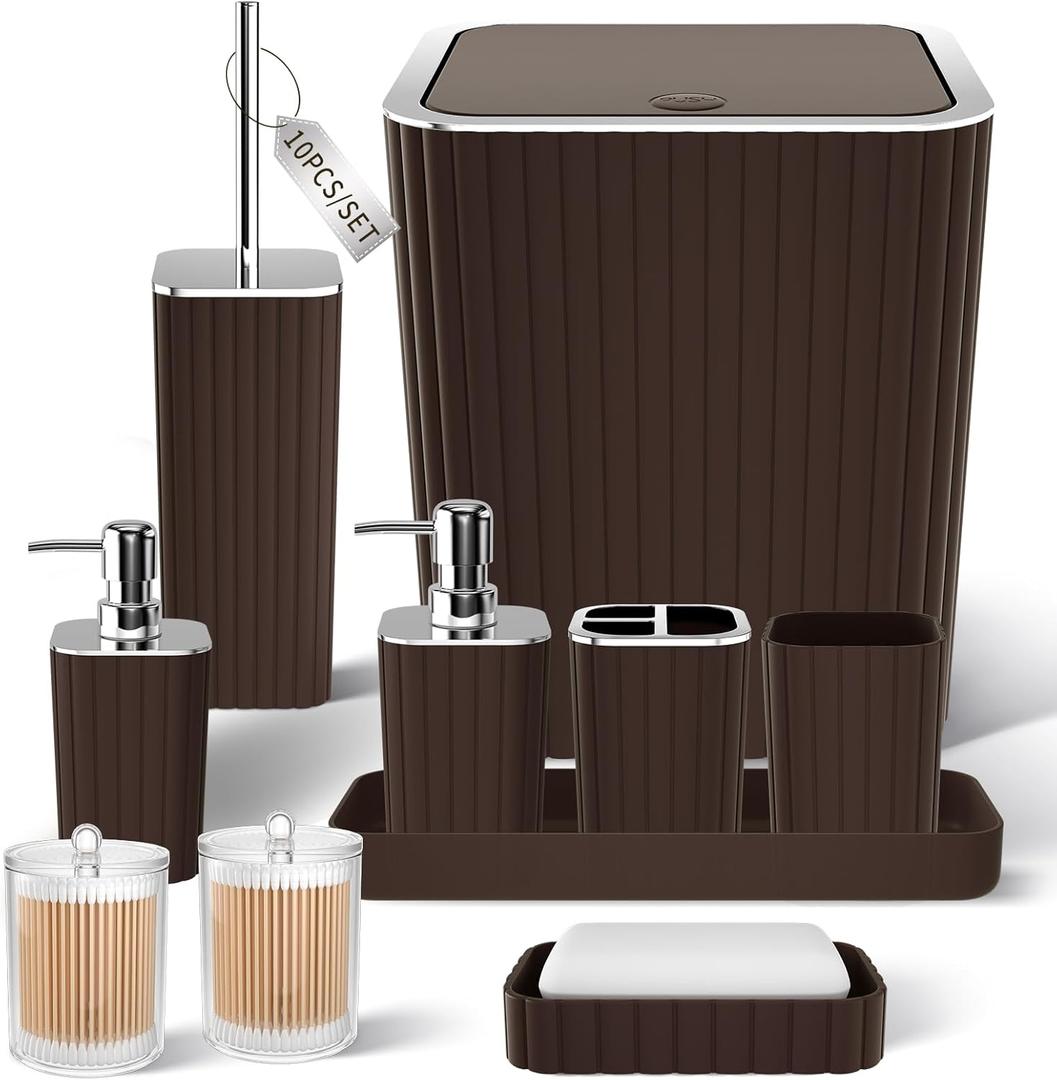 XLHOMO Bathroom Accessories Set - Gorgeous Bathroom Set, 10PC Brown Bathroom Accessories, Bathroom Accessory Set, Toilet Brush, Trash Can, Qtip Holder Dispenser & Soap Dispenser