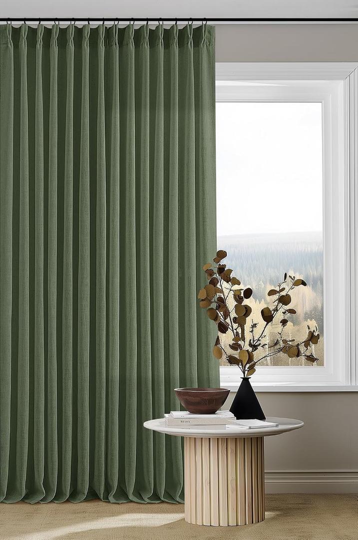 Pleated Linen Curtains 90 Inches Long for Living Room Pinch Pleat Hooks for Track System Back Tab Custom Made Memory Shape Drape Light Filtering Olive Green Living Room Bedroom Window Curtain 90 Inch