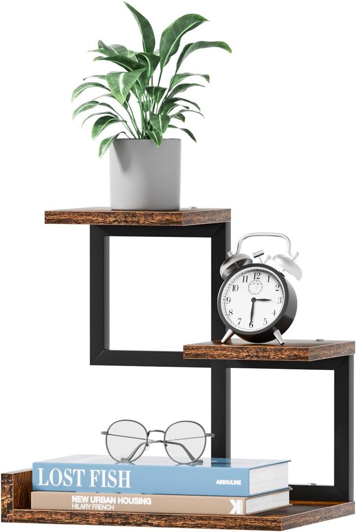 Gannyfer Office Decor Desk Shelf Organizer - Wood Desktop Shelf, Freestanding Desk Hutch, 3 Tier Storage Display Rack, Small Bookshelf with Metal Frame for Books/Plants/Toys (Rustic Brown Black), Art Deco